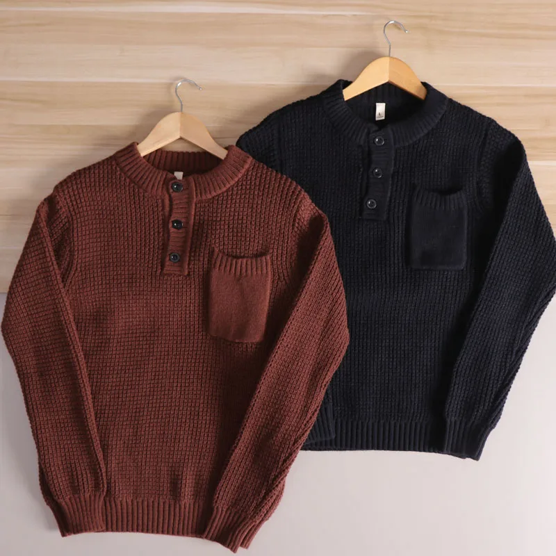 

Трикотаж с текстурой в стиле ретро, мужской повседневный свитер с воротником Генри, осенний модный свитер из полиэфирного волокна, длинная теплая одежда све