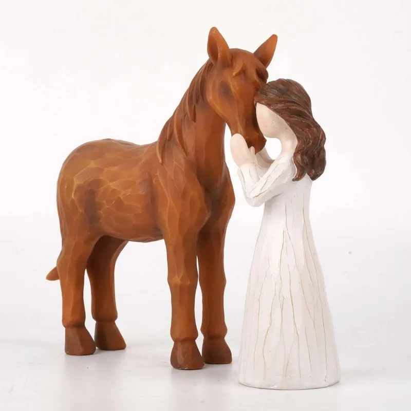 

Girl and Horse Riding Statue Ornament Embracing Animals, Horse Gift for Girl, Resin Material Carving