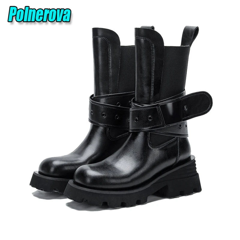 

British Style Belt Buckle Motorcycle Boots Black Leather Thick Heel Slip-On Chelsea Boots Square Toe Platform Mid-Calf Booties