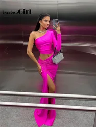 Huhugirl One Shoulder Cut Out Split Ruched Maxi Dresses for Women Elegant Party Gown Female Sexy Birthday Outfits Vestidos Robes