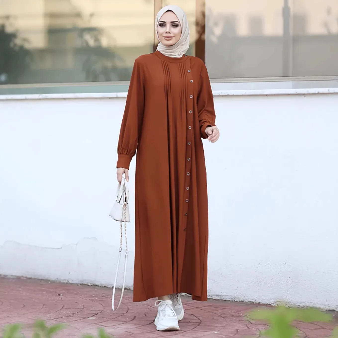 

Solid Dress Women Single Breasted Casual Dresses Middle East Muslim Fashion Long Robe Modest Abaya Ramadan Morocco Loose