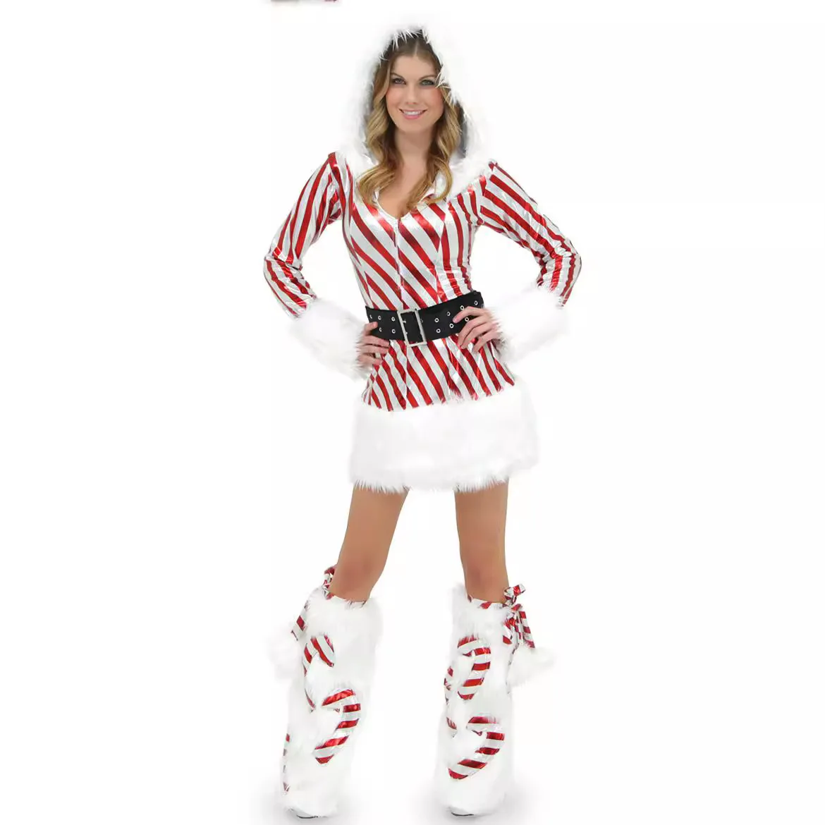 Women Christmas Hooded Dress Winter Plus Velvet Striped Santa Claus Cosplay Costume Christmas Party Stage Bar Masquerade Set