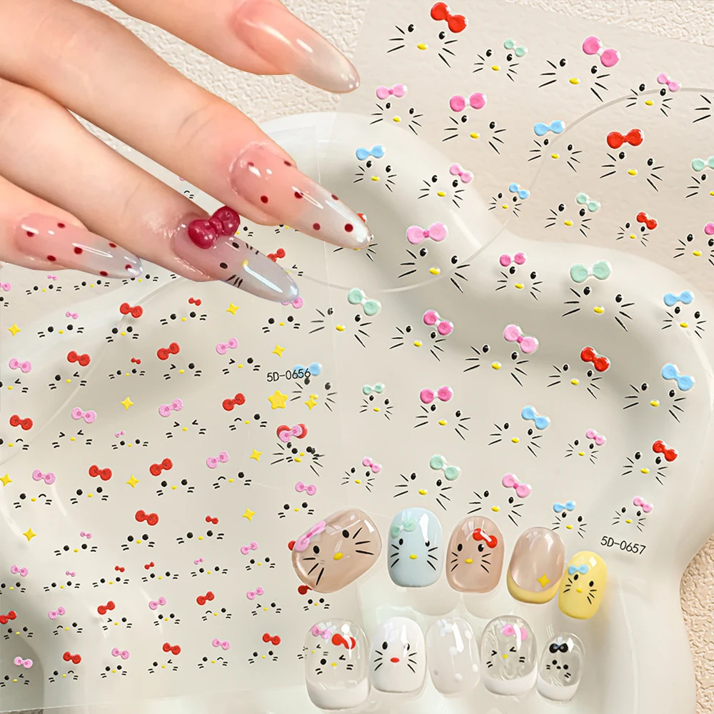 

5D New Cute KT Cat Bow Expression Nail Sticker Cartoon Kitty Face Bowknot Nail Decal Self-Adhesive Kitten Beard Kawaii Nail Deco