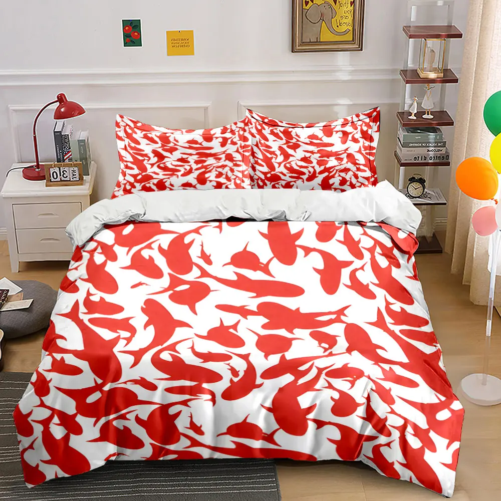 Red fish silhouette pattern Print Bedding Set 1 Duvet Cover 2 Pillowcases for Adult and Children Luxury Gift Full Size