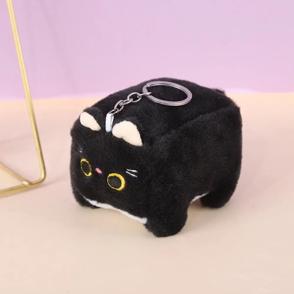 Keychain Accessories Block Cat Square Cat Keychain Soft Stuffed Animal Calico Cat Fluffy Kawaii Kitten Keyring Bag Charms