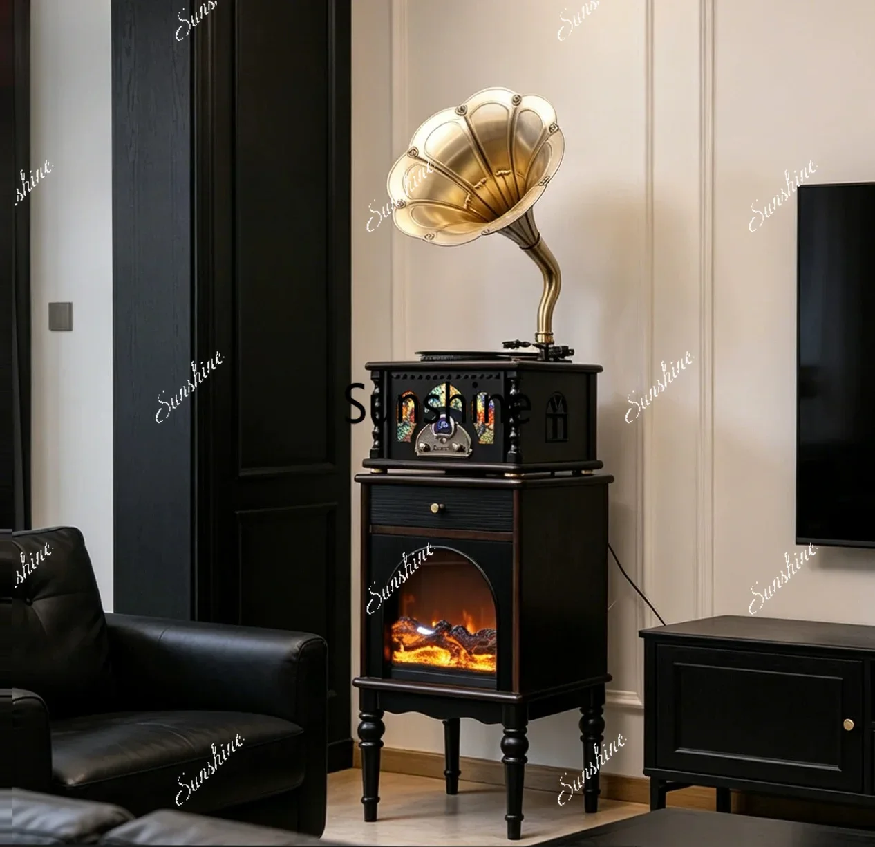 French high-end fireplace integrated retro vinyl record player living room ornamentT*