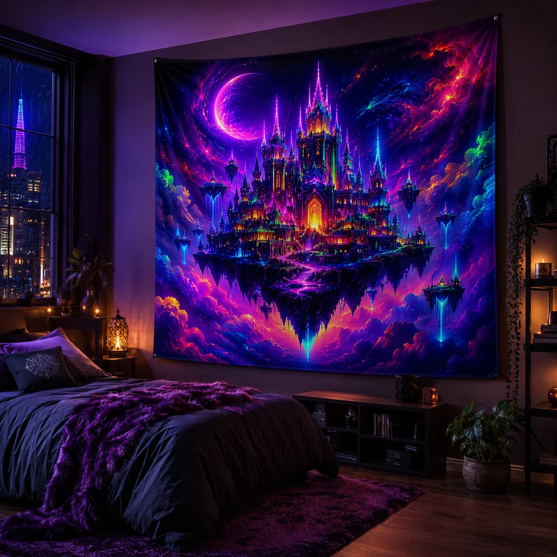 VIKAMA Tapisserie Ange Mystique, Aile Violette Lumineuse, Géométrie Sacrée Cosmique, Ciel Obscur, Décoration Murale Spirituelle pour Méditation et Chambre