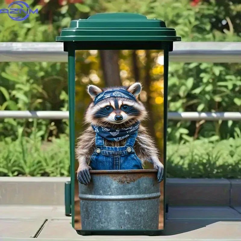 Trash Can Sticker, .01*81.99 cm, Raccoon in Bandana And Denim Overalls Leaning on Metal Barrel Pattern, Fun Animal-Themed Cr