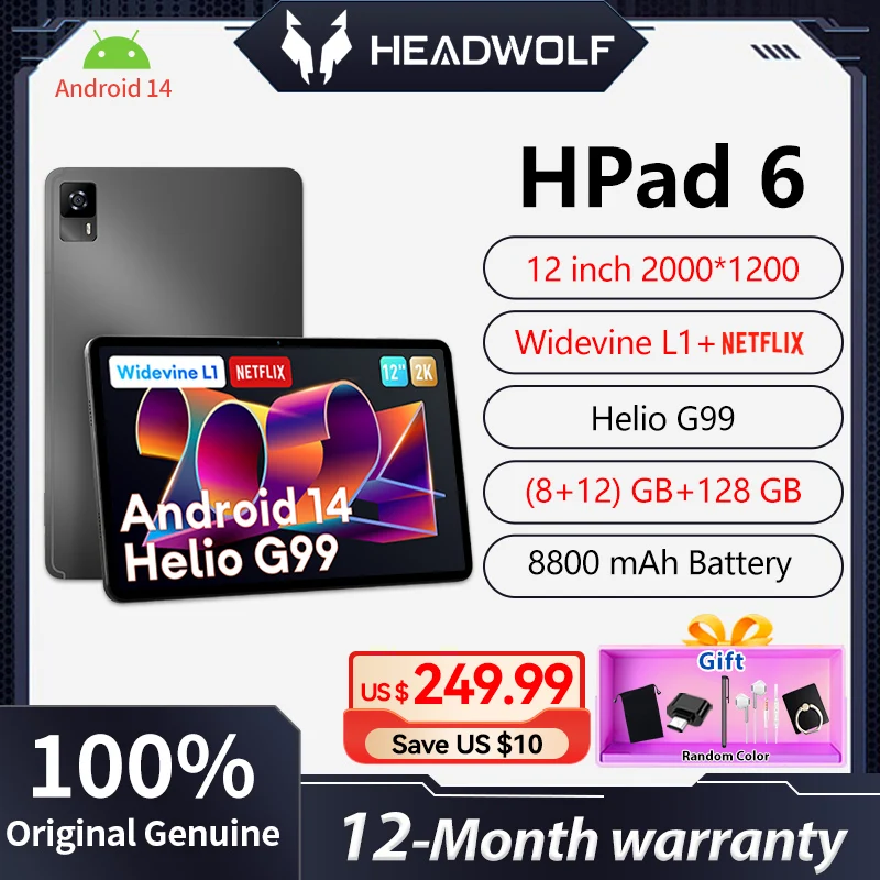 New Headwolf HPad6 Tablet Android14 WidevineL1+Netflix 12\