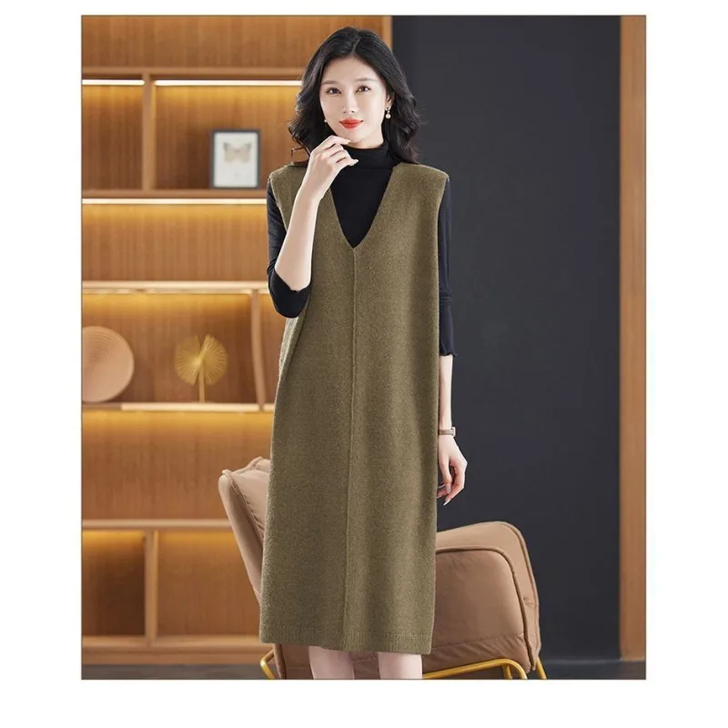 Colete de cor sólida sem mangas com decote em V saia suéter para mulheres outono inverno colete de malha quente suéter camadas para deslocamento