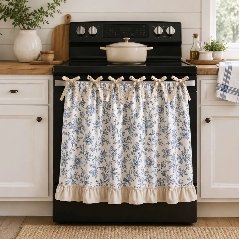 Ruffle Trim Bow Tie Oven Cover Curtain Cotton Linen Blend Plaid Floral Print Rustic Oven Decor Curtain No Drilling Dust-proof