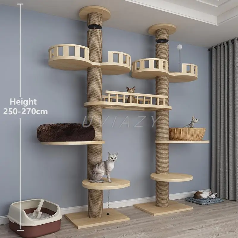 Multi-layer Double Column Floor-to-Ceiling Cat Tree Cat Climbing Tower with Natural Sisal Rope Scratching Post Tall ClimbingTree