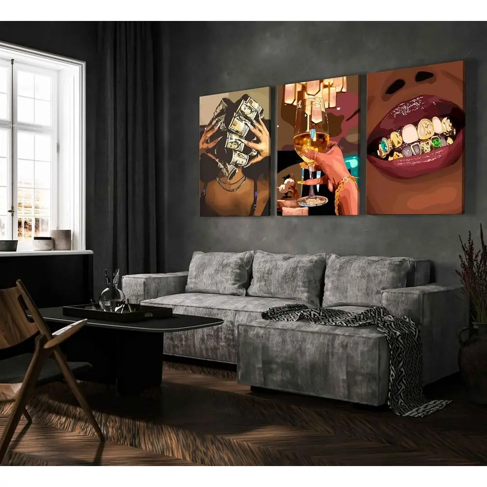 فن جداري عصري فاخر للفتيات مكون من 3 قطع - مطبوعات قماشية للنساء الأفريقيات الأمريكية لديكور المنزل، مقاس 16 × 24 بوصة #2