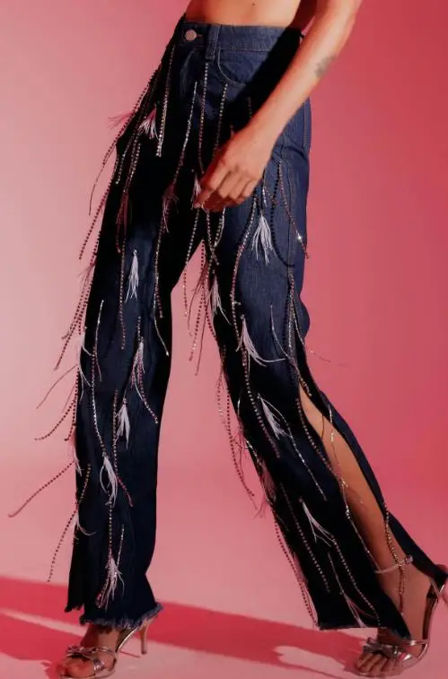 2026 elegante Sexy frauen Mode Nagel Schnalle Dekoration Quaste Lose Gerade Bein Seite Schlitz Denim Hosen Casual Hosen Unten