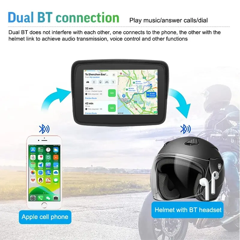 5-calowy przenośny motocyklowy wyświetlacz HD IPX7 Wodoodporny dwukanałowy Bluetooth GPS Bezprzewodowy Apple Carplay Android Auto MotocarPlay