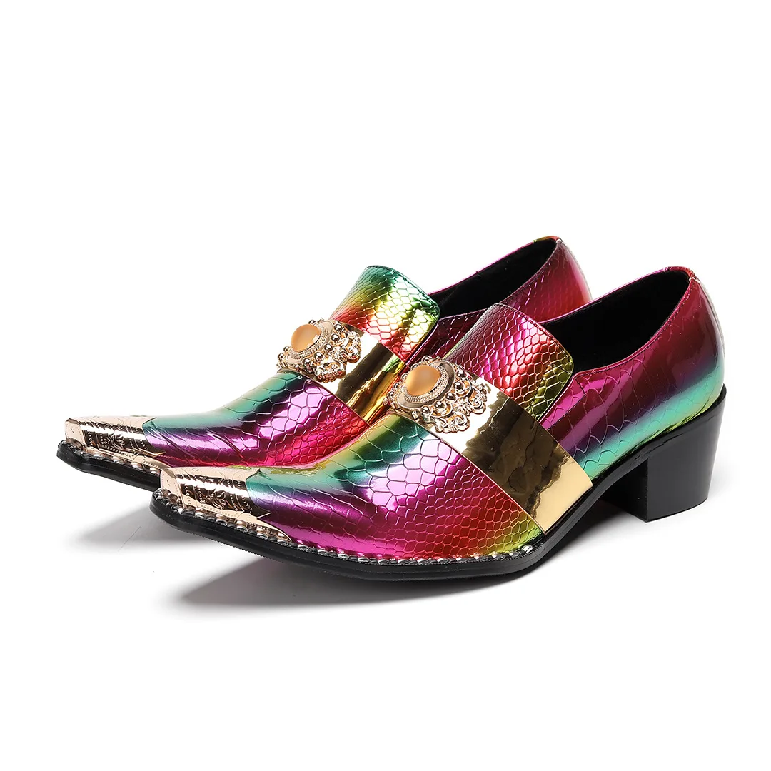 Luxury Crystal Strap Decor Male Genuine leather Loafers Business Formal Dress Shoes Mixed Color Metal Pointed Toe Oxfords