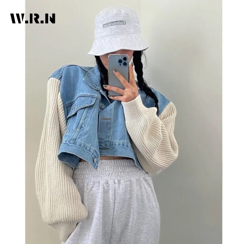 

2023 Autumn Winter Korean Chic Style Casual Blue Patchwork Denim Jacket Women's Fashion High Street Style Y2K Short Jean Coat