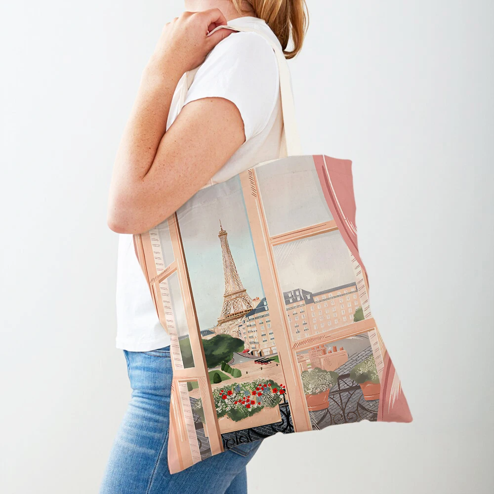 Travel to City Shopper Bag Tote Lady Handbag Barcelona Lincoln Florence Paris New York Casual Canvas Women Shopping Bags