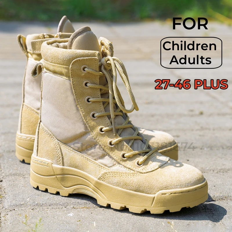 Kinderen Militaire Tactische Laarzen Outdoor Wandelen Sportschoenen Kinderen Volwassenen Zomerkamp Leger Training Combat Laarzen 27-46 Plus Size