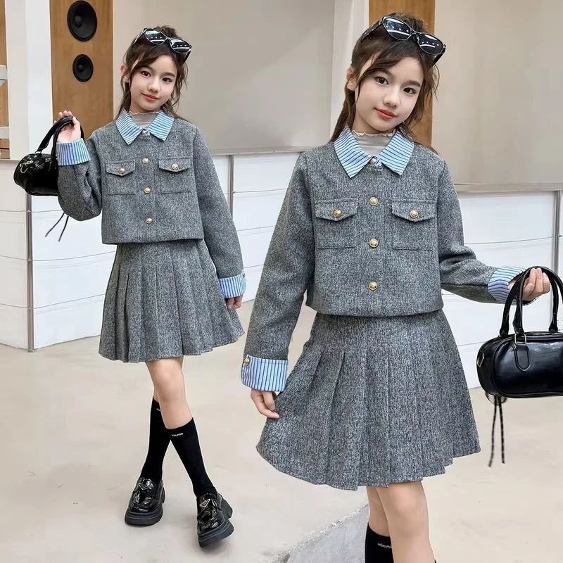 

Kids Fashion Clothes Suit Spring Autumn Girls Long Sleeve Outfits Preppy Style Striped Lapel Patchwork Jacket+Skirt 2Pcs Set