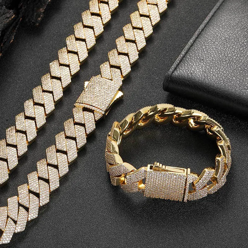 HIP Hop 4 Rows CZ Stone Paved Bling Iced Out 19mm wide Solid Rhombus Cuban Link Chain Necklace for Men Rapper Jewelry