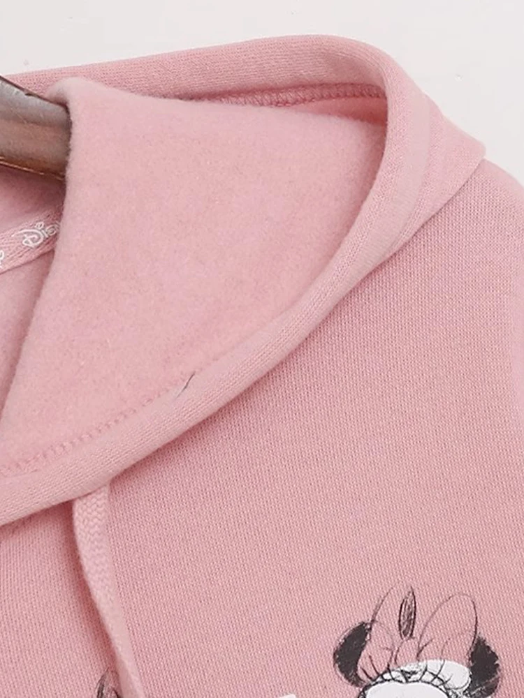 Disney Sweatshirt Minnie Mouse Letter Cartoon Print Fashion Women Pockets Hooded Zip Long Sleeve Fleece Jumper Tops Pink Femme