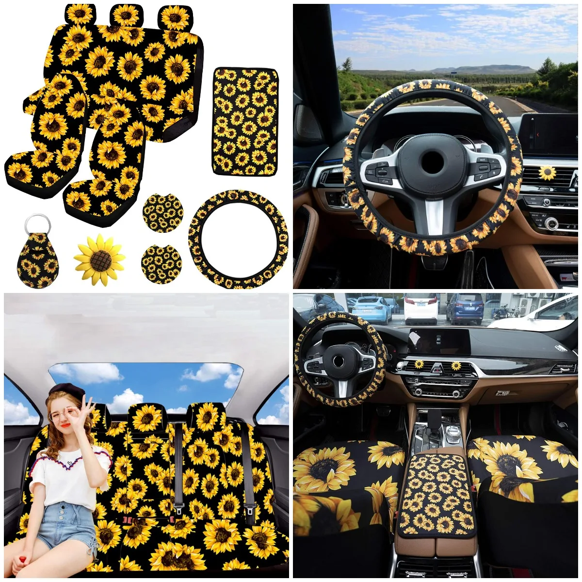 

12PCS Sunflower Car Seat Cover Set, Universal Fit for SUV Truck, Steering Wheel & Armrest Covers