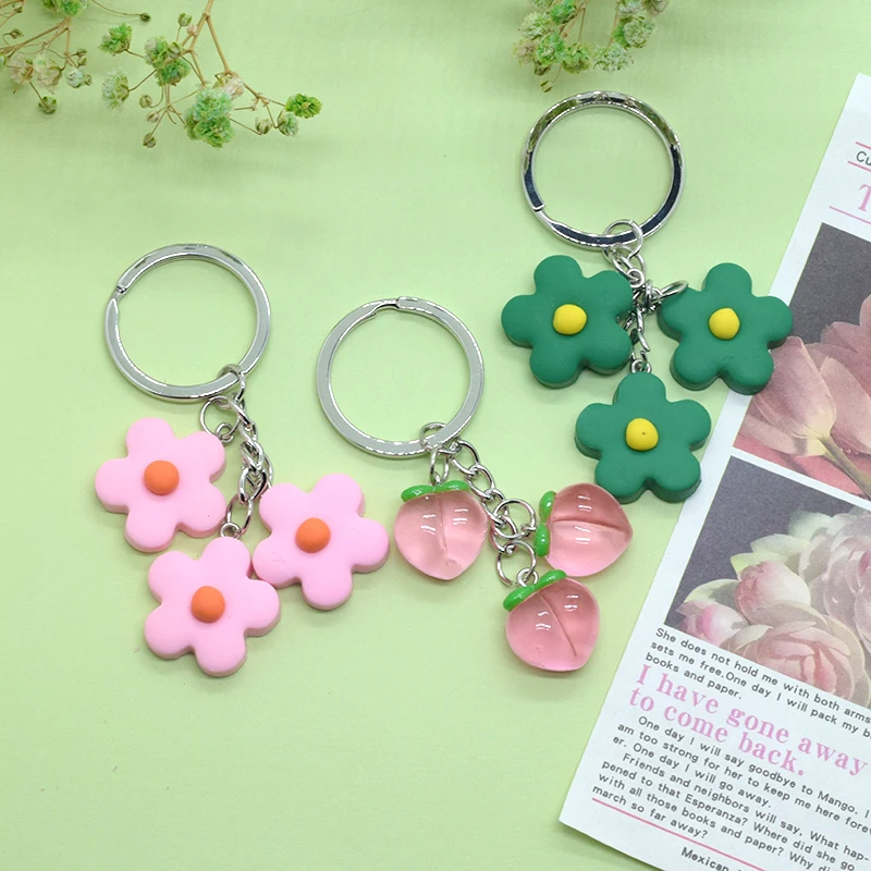 Resin Kawaii Flower Peach Keychains Key Ring For Women Gift Romantic Sun Floral Plant Fruit Phone Bag Box Car Holder Accessories