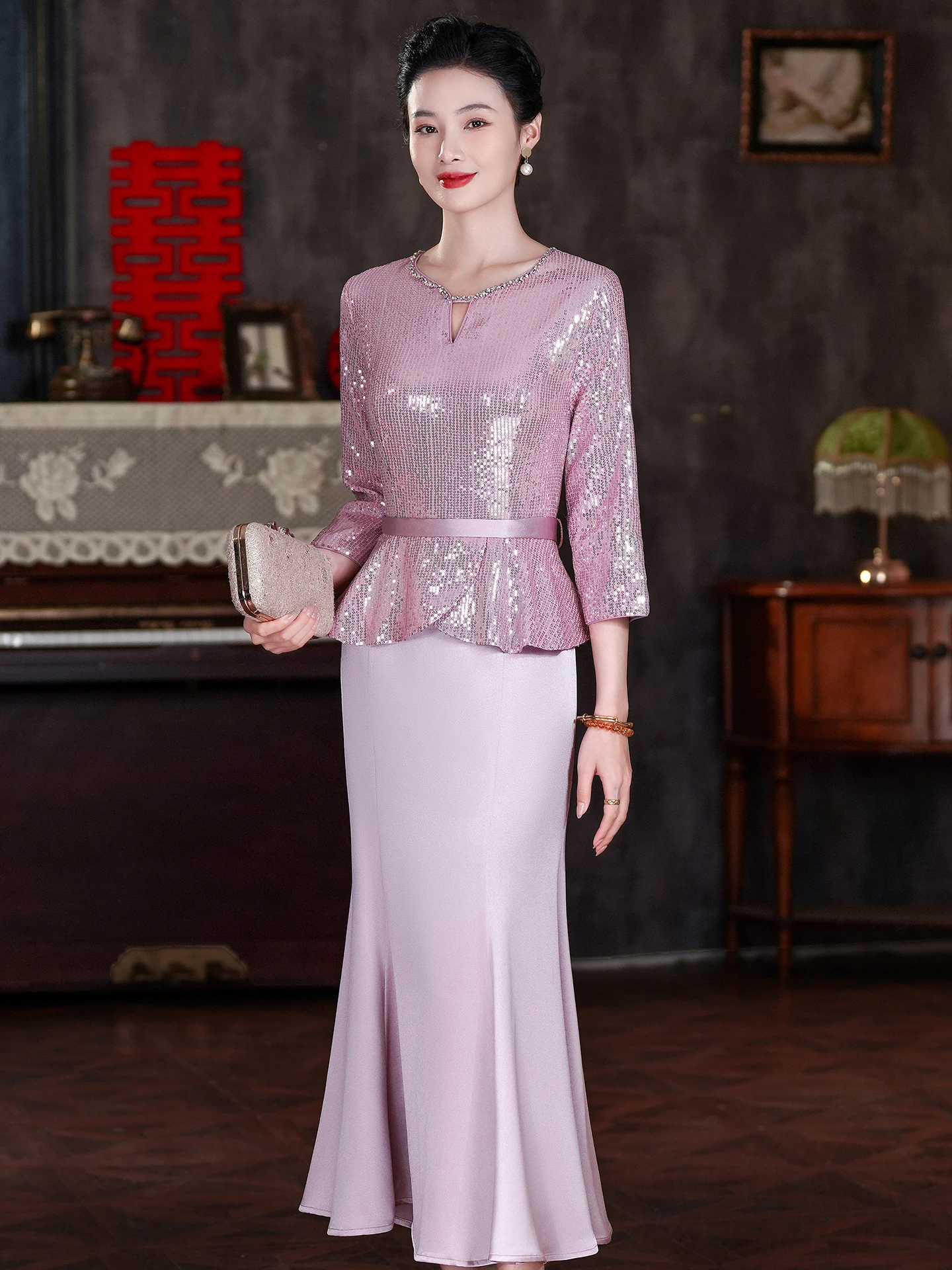

Elegant Long Qipao Dress Shiny Sequins Fish Tail Evening Gown New Chinese Style for Young Mom Wedding Party Slimming Women's ...