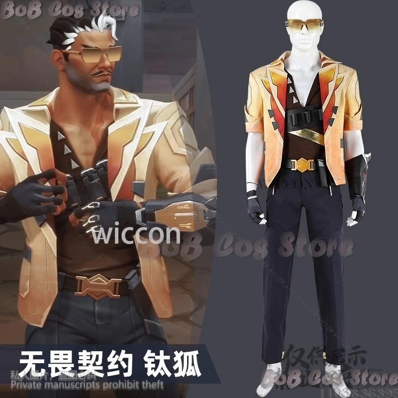 Tejo Cosplay Game VALORANT Anime Clothes Sexy Orange Deep V Shirt Pant Summer Sunglasses Cool Daddy Tejo Suit Man Cos Customized