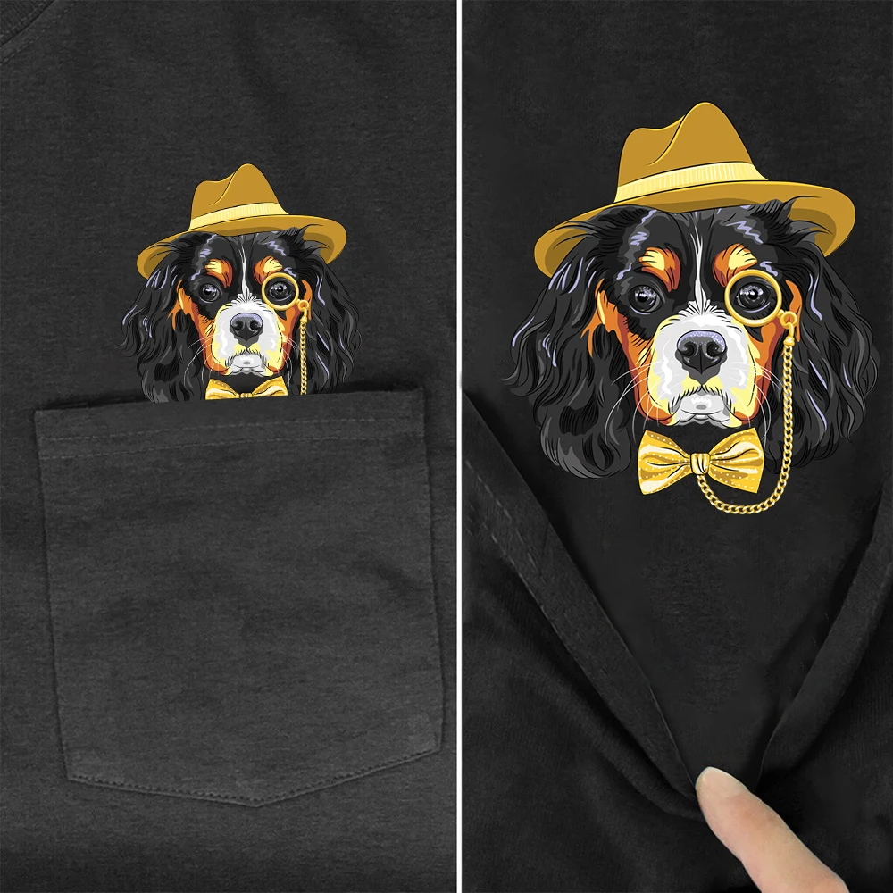 CLOOCL 100% Cotton T-shirts Fashion Cute King Charles Dog Pocket Tops Hip Hop Tees O-neck Short Sleeve Woman Tshirts