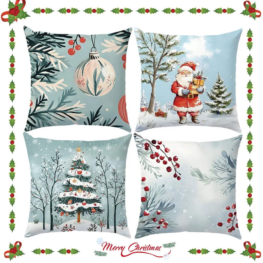 Funda de almohada navideña de acuarela azul de 45cm, fondo nevado, árbol de Navidad, Papá Noel para el hogar, funda de cojín