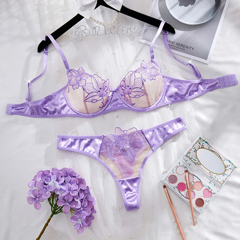 مجموعة الملابس الداخلية النسائية الأزهار التطريز جنسي الملابس الداخلية رومانسية الأرجواني ملابس داخلية شفافة الحميمة رقيقة جدا حمالة صدر ولباس داخلي مجموعة #1