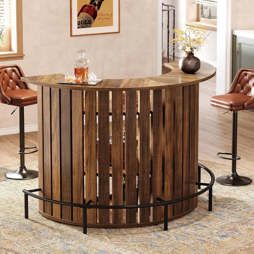 39.4 High 4-Tier Home Bar Table with Footrest, Curved Mini Bar Table, Modern Wine Rack for Home Pub, Living Room, Rustic Brown