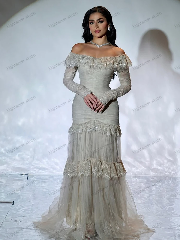 Vestidos De graduación elegantes, vestido De noche elegante, batas escalonadas De tul con hombros descubiertos, mangas completas, Vestidos De Gala personalizados 2025