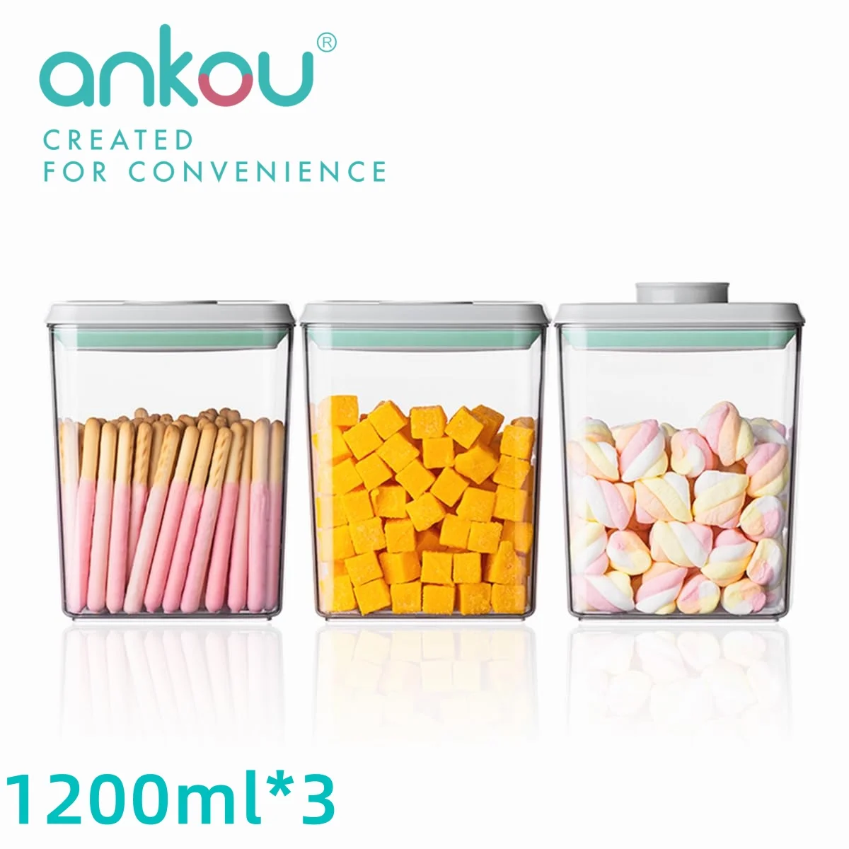 Ankou - Juego de 3 Recipientes Herméticos para Almacenamiento de Alimentos de 1.2L, Apilables, Libres de BPA, con un Solo Clic, Organizador de Despensa para Aperitivos, Dulces y Sal