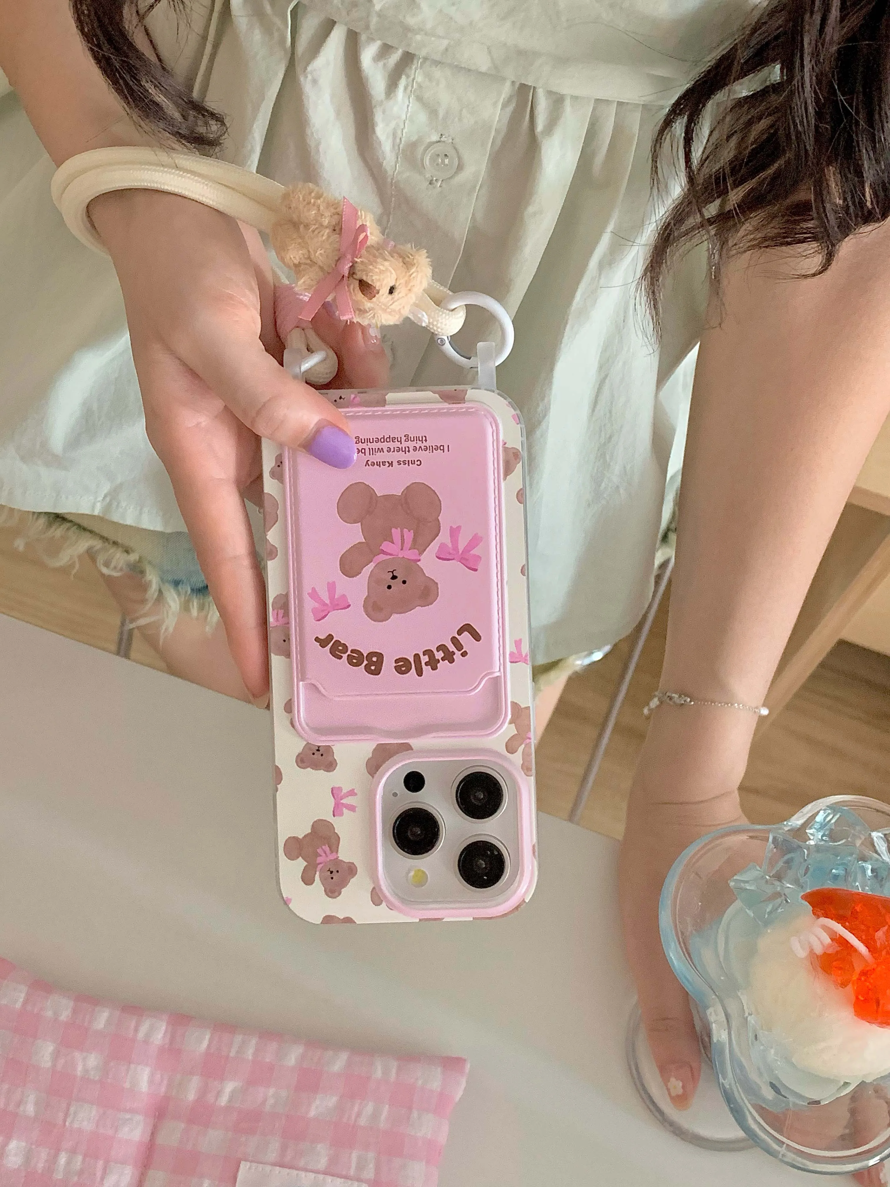 Pink bow bear card holder phone case for iphone 11 12promax 14 13 15pro 13pro 15 pro max 14pro 12 milk white rope cute funda