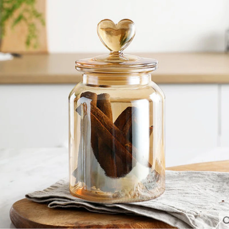 Amber Glass Sealed Jar Storage Bottle Transparent Heart-shaped Lid Coffee Bean Dried Fruit Home Kitchen