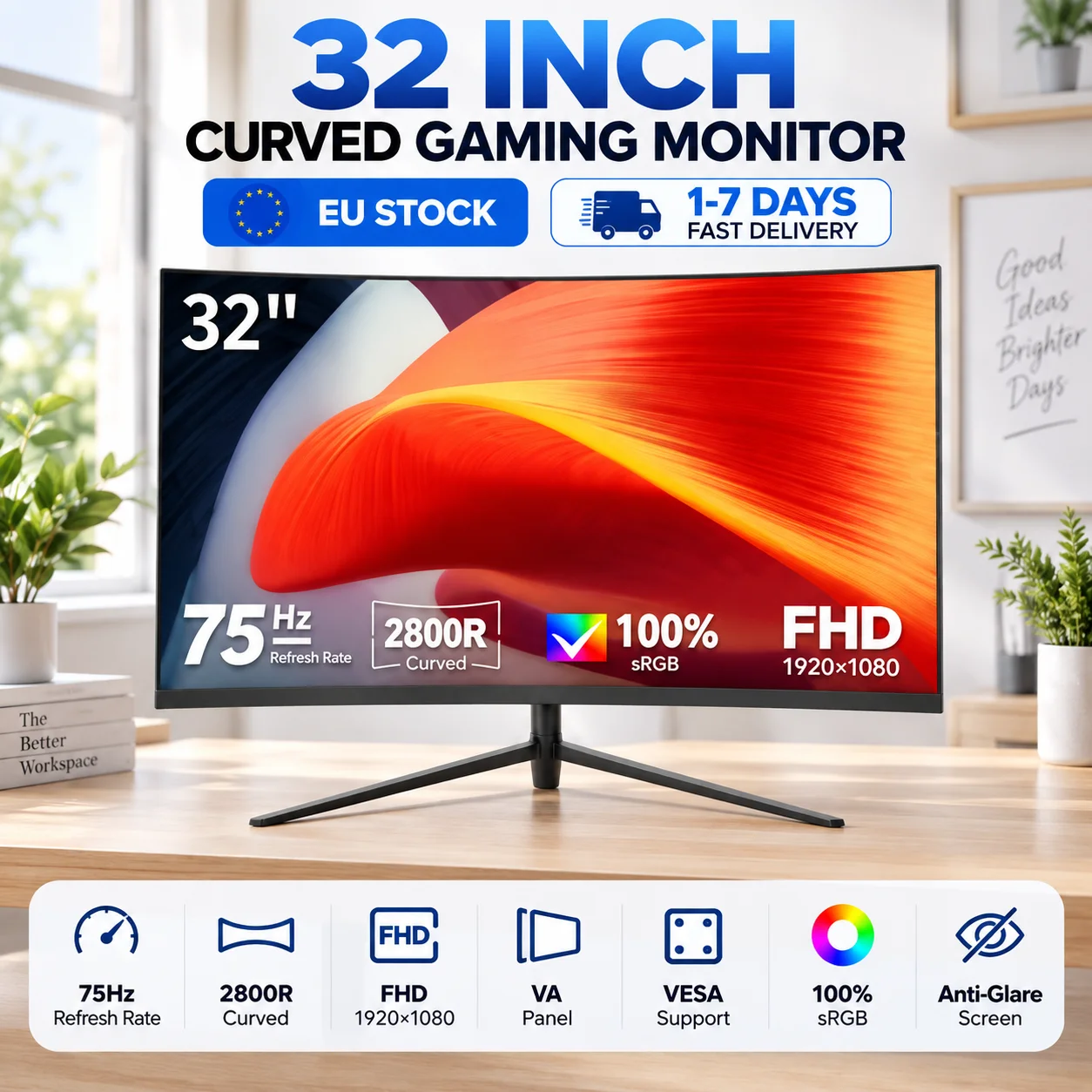 Monitor da gioco curvo Crua Gf320A da 32 pollici, Full HD, pannello VA, 1920×1080, frequenza di aggiornamento di 75 Hz, schermo curvo con curvatura di 2800R, tecnologia antiriflesso, design senza
