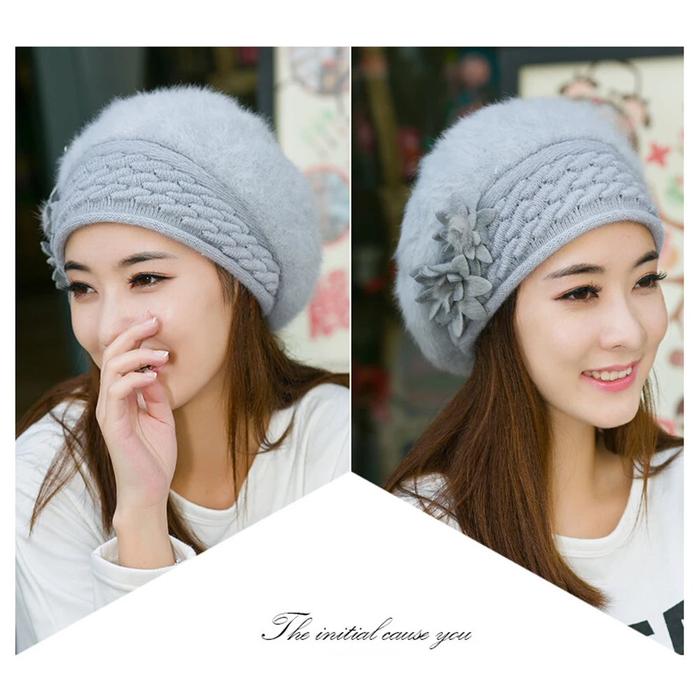 

Flower Beret Knitted Beanie Thickened Warm Winter Hat Women Ladies Crochet Cap Elastic Adjustable Stretchy Outdoor Wool Beanies