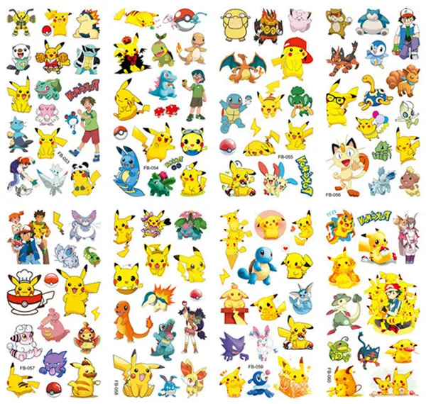 Pegatinas de tatuajes de Pokémon para niños y niñas, pegatinas impermeables de Pikachu, dibujos animados divertidos, regalo de cumpleaños y Navidad, juguete de recompensa, 12 unids/lote por bolsa