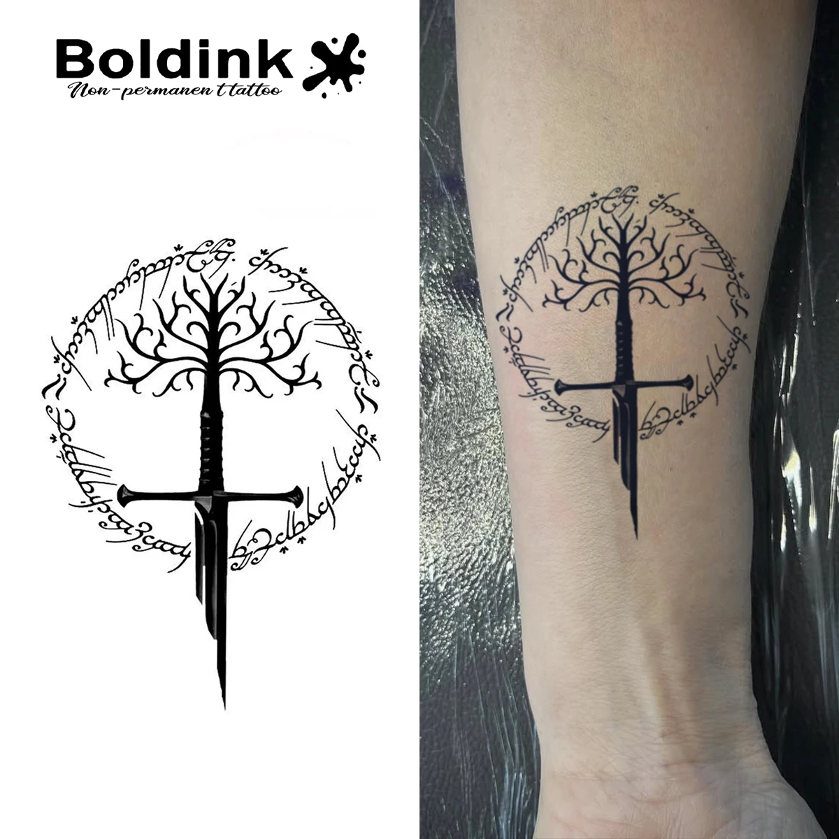 

The Tree Of Life And The Sword Temporary Tattoo,Lasts To 15 Days New Technology Magic Waterproof Semi Permanent Sticker.