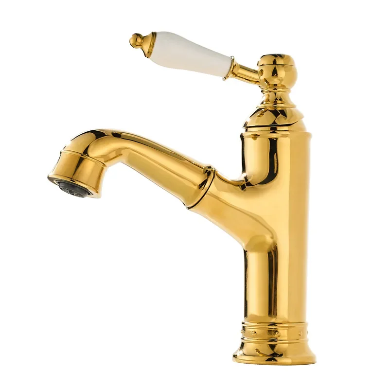 

French light luxury pumping faucet hot and cold all-copper washbasin wash basin bathroom cabinet art retro gold faucet