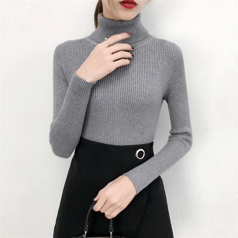 

Long Sleeve Skinny Elastic Casual Turtleneck Sweater Women Knitted Shirts Autumn Fashion Female Pullover Tops Women's Sweaters