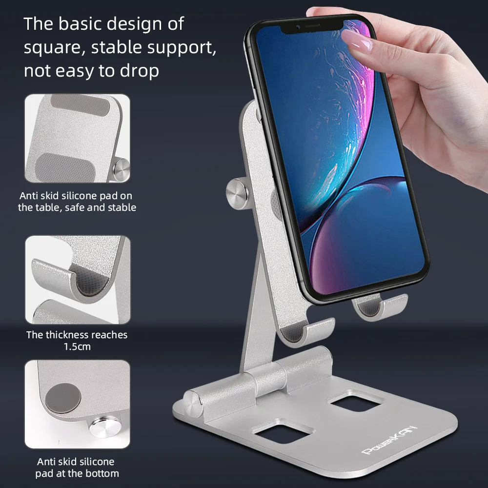 

POWERKAN Foldable Metal Stable Cell Phone & Tablet Holder For Home Office Use With Rubber Anti-slip Strip