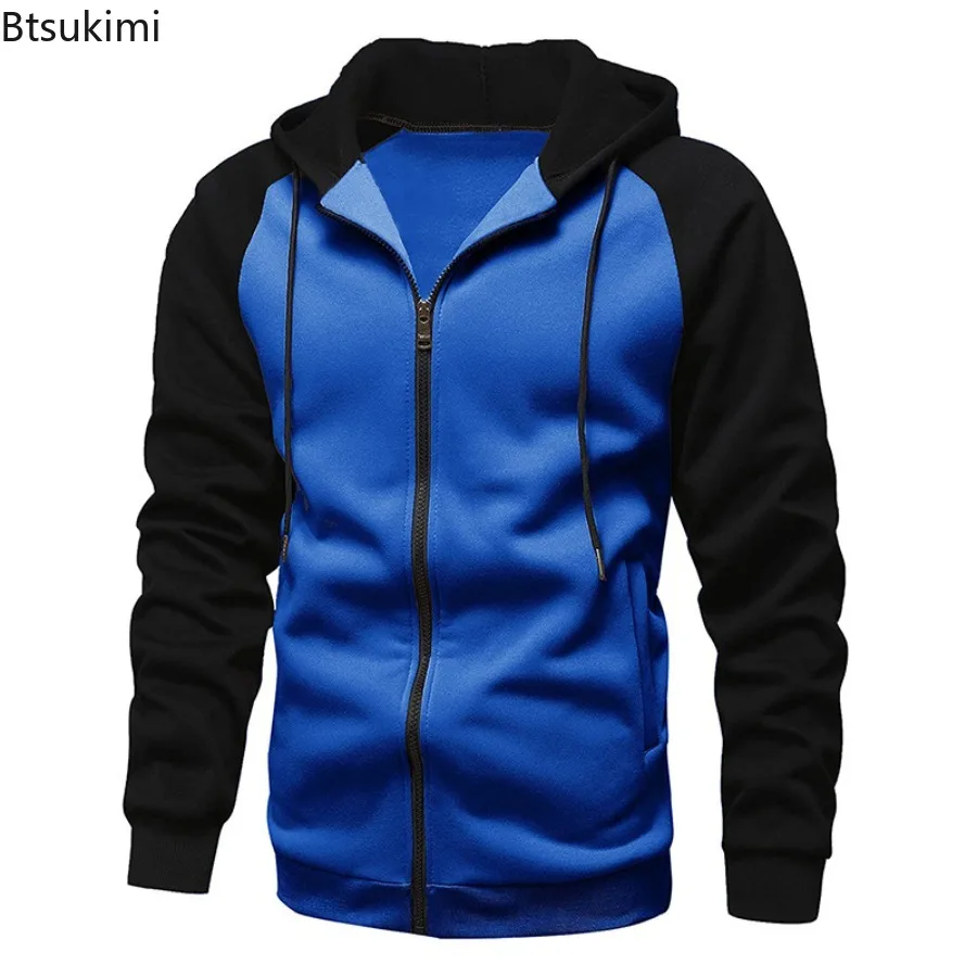 New 2025 Men's Casual Hooded Jackets Autumn Winter Fleece Zipper Hoodies Coats for Men Fashion Patchwork Sweatshirts with Pocket
