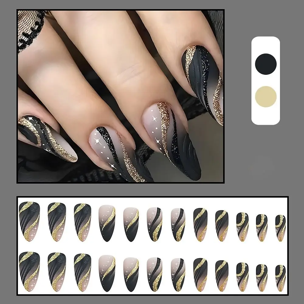 24/30 pièces épices paillettes faux ongles encre peinture doré français presse sur les ongles amour avec gelée autocollants ongles conseils pour femmes fille