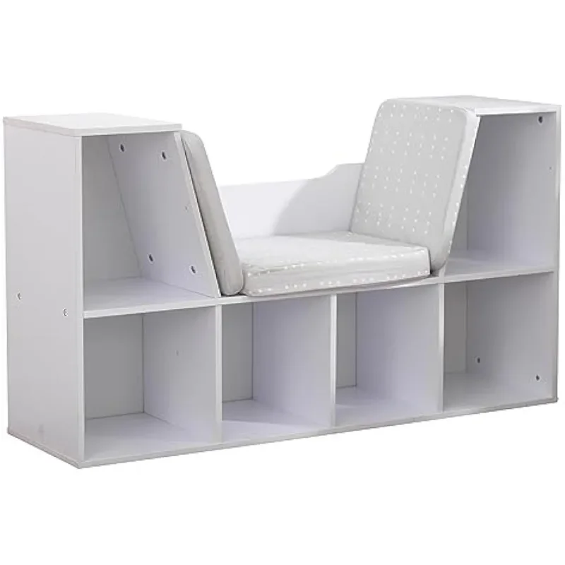 Wooden Bookcase with Reading Nook, Storage and Gray Cushion, White, Gift for Ages 3-8 book rack for room