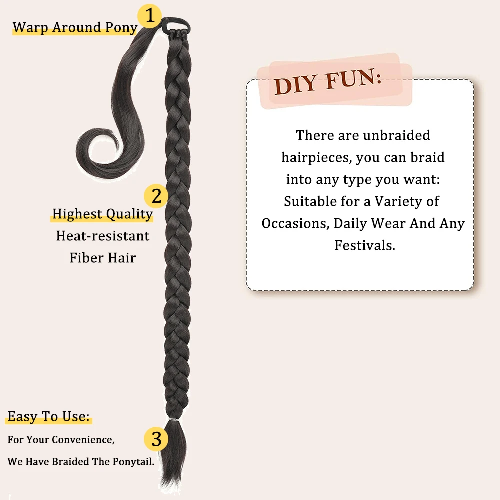 Extension de queue de cheval tressée synthétique longue avec attache de cheveux Extensions de cheveux droites à enrouler 30 pouces queue de cheval douce naturelle