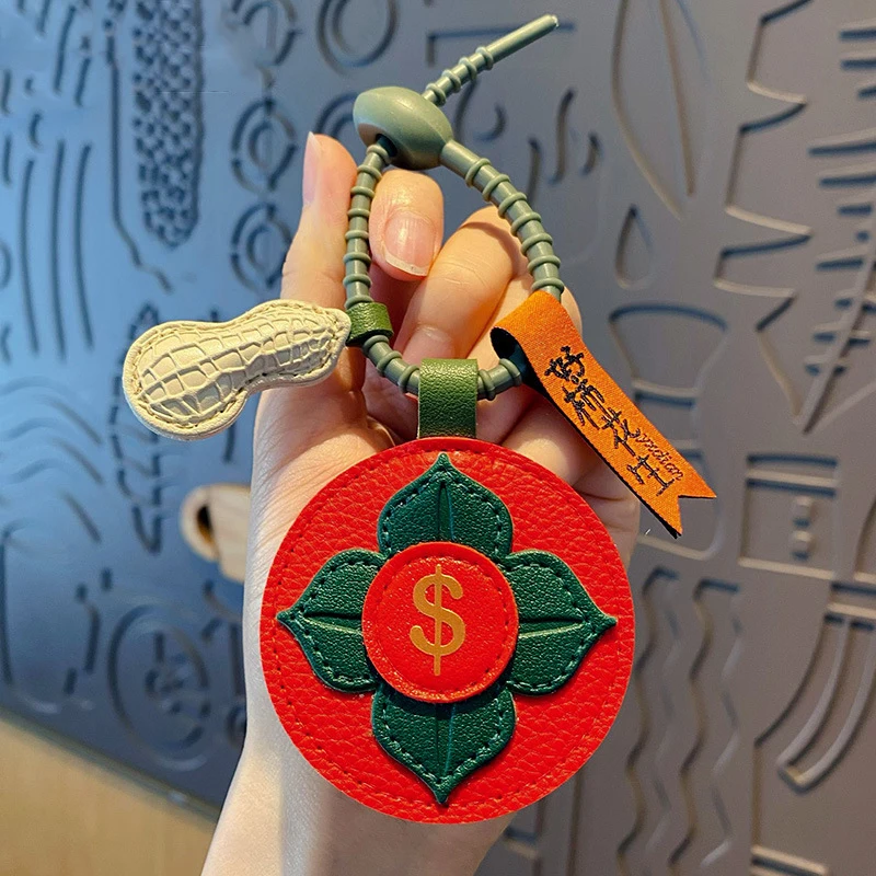 High-grade Leather Green Leaf Orange Bless Bright Future Key Chain Sunflower Good Thing Happened Peanut Persimmon Fruit Keychain